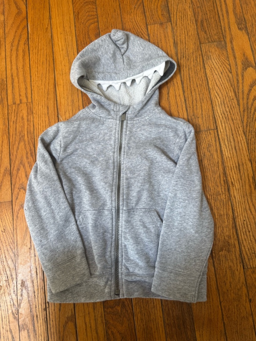 Kids Gray Zip-Up Hoodie with Shark Tooth Hood